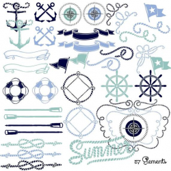 Nautical Elements Clipart | Anchor | Rope | Frames | Lifesaver | Oars |  Banners | Flags | Ships Wheel | Transparent | Instant Download