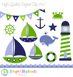 Nautical Clip Art - Navy and Green, Sail Boat Clipart, Sea ...
