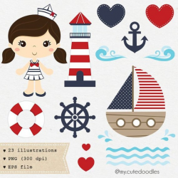 sailor girl clipart, baby girl nursery decoration, navy clipart, nautical  clipart, baby sailor clip art - C002