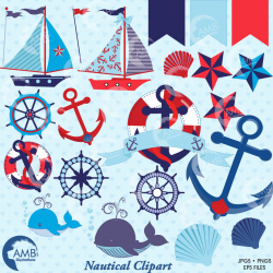 Nautical clipart, Nautical clip art in Red and Blue, Sailboat Clipart,  AMB-522
