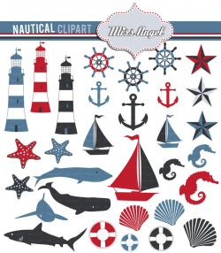 Nautical Clipart Dark Blues Red. 31 Digital scrapbook nautical printables.  Boat, anchor, steering wheel, whale, shark, sea horse, star