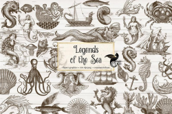 Legends of the Sea Vintage Nautical Clipart, Photoshop Brushes, mermaids,  sea monsters, ocean animals, sea shells, antique illustrations