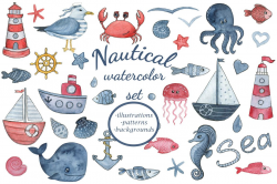 Sea dreams. Nautical watercolor set. Sea Clipart Collection