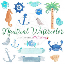 Nautical Watercolor Clipart, Digital Watercolor Nautical Clip Art, Anchor  Watercolour Clip Art, Hand Painted Sea Watercolor Elements, Crab