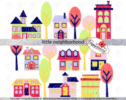 Little Neighborhood Clipart Set: (300 dpi transparent png) Digital Home  House Neighborhood Village Tree