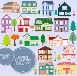 Cute Colourful Houses Clipart, Houses Clipart, 14 Home Clip art, Commercial  Use PNGs, Trees Clipart, neighbourhood houses clipart set, homes