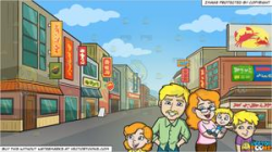 A Lovely Family Of Five and Downtown Street In An Asian Neighborhood  Background