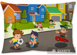 Kids playing in the street of a suburban neighborhood Throw Pillow