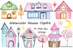 Watercolor Houses Clipart, Homes, Neighborhood, Watercolor clip art,  digital houses, PNG, For Personal and Commercial Use