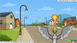 A Dragon Spitting Out Fire and A Neighborhood Subdivision Background