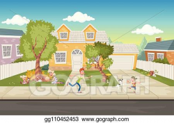 Vector Art - Cartoon family in front of a house. suburb ...