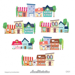 Houses Clipart,Neighborhood Clipart,Buildings  Clipart,Bakery,Village,Town,Vector,Instant download Illustration_CA31