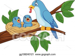 Vector Clipart - Mother blue bird feeding babies in a nest ...