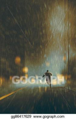 Clipart - Man running in heavy rainy night. Stock ...