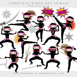 Ninja clipart - ninja clip art girls karate martial arts cute whimsical  throwing stars sword katana black pink personal and commercial use