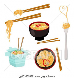 Vector Clipart - Box, bowl, fork and chopsticks noodle set ...