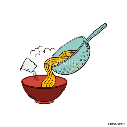 Cooking pasta - put spaghetti from colander into bowl, add ...