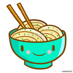 Funny and cute noodle in blu green bowl smiling happily ...