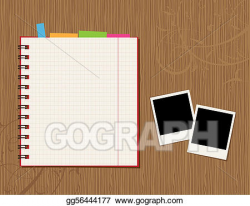Vector Clipart - Notebook page design and photos on wooden ...
