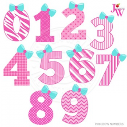 Pink Bow Numbers Cute Digital Clipart, Girl Number Graphics