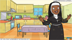 A Happy Black Nun Greeting Everyone A Warm Welcome and A Family Kitchen  With A Dining Table And Two Chairs Background