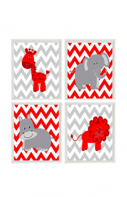 Nursery Art Print Set - Modern Gray Red White Chevron - Elephant Giraffe  Hippo Lion Safari - Children Kid Room Home Decor Wall Art