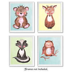 Woodland Forest Baby Bear, Deer, Badger, Owl Poster Prints, Set of 4 (8x10)  Unframed Pictures, Great Wall Art Decor Under 20 for Nursery, Home, ...