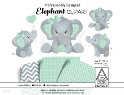Mint Baby Elephant Polka-dot Nursery Clipart