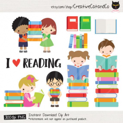 Kids Reading Books Clipart, Boy and Girl Reading Books, School Library,  Children with Books, Book Stack, School Kids, Clipart Clip Art Set