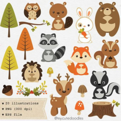 Woodland clipart, cute woodland animal, woodland nursery baby shower  supplies, woodland party decoration, cute fox clipart, baby bear - C031