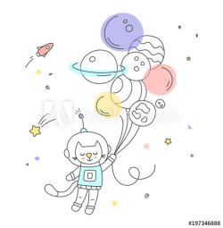 Nursery art: cute little hand-drawn cat fly to the space on ...