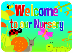 This vibrant nursery welcome sign features a range of fun ...
