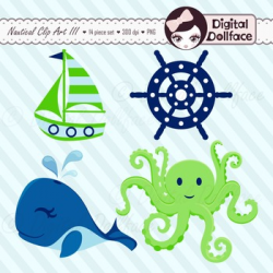 Blue and Green Nautical Clip Art, Whale, Octopus, Sea Clipart