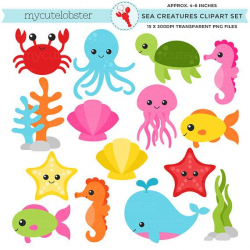 Sea Creatures Clipart Set - sea animals clip art, crab, fish ...