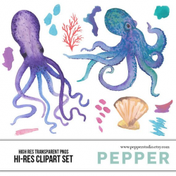 INSTANT DOWNLOAD - Octopus and Ocean Watercolor Clipart Set ...