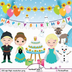 Frozen Fever, Birthday party clipart, Frozen clipart, Princess Elsa, Anna,  Olaf, Cake, Frozen Birthday clipart, Snow Queen clipart
