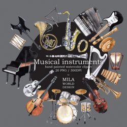 Musical Instruments Watercolor Clip Art, Hand painted Orchestra clipart,  Instant download PNG file - 300 dpi