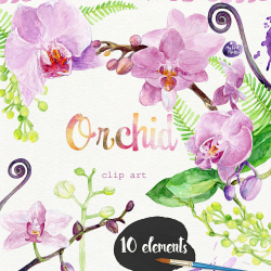 Watercolor Orchid clipart- hand painted: high resolution 600 dpi 10 JPEG  files, 300dpi 10 PNG files, DIY cards