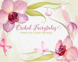 Orchid Flower clipart, watercolor clipart, hand painted, wedding invitation  clip art, floral clipart, pink orchids, butterflies clipart