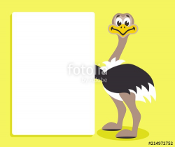 Cute ostrich with white board on yellow background. Template ...