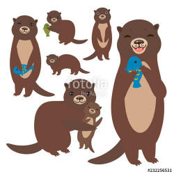 Funny brown otter collection on white background. Kawaii ...