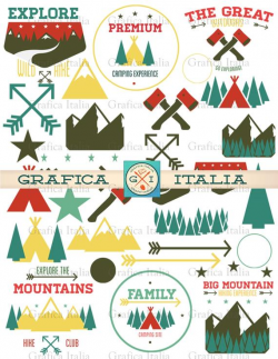 Camping ClipArt - Cabin Design Elements - Outdoors Clip art - 32 Items -  DIY Decor Design Crafts Scrapbook Jewelry - Mountains Trees Arrows