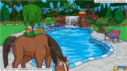 A Horse Eating Some Grass and An Outdoor Pool With Waterfall Background