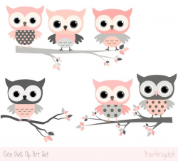 Baby shower owl clipart images, Cute owl kawaii clip art, Digital grey and  pink nursery owl decorations, Baby girl clipart png, Tree branch