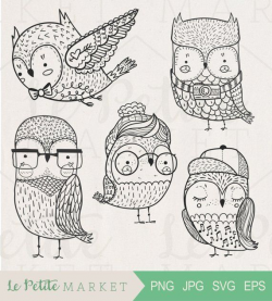 Hipster Owl Digital Stamps, Hand Drawn Owl Clipart Images ...