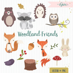 Woodland animals clip art - fox - bear - rabbit- hedgehog - racoon - bird -  mushroom - woodland images - owl clipart - vector clipart