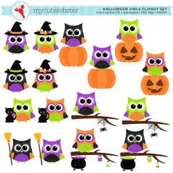 Halloween Owls Clipart Set - clip art set of owls, halloween colored owls,  pumpkin - personal use, small commercial use, instant download