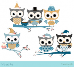 Cute Christmas owl clip art, Kawaii Christmas bird clipart, Winter owl  clipart, Blue grey digital owl on branches, Festive Christmas animal