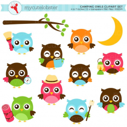 Camping Owls Clipart Set - clip art set of cute camping owls, lantern,  moon, torch - personal use, small commercial use, instant download