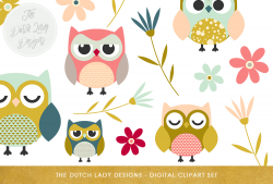 Cute Owl & Flower Clipart Set